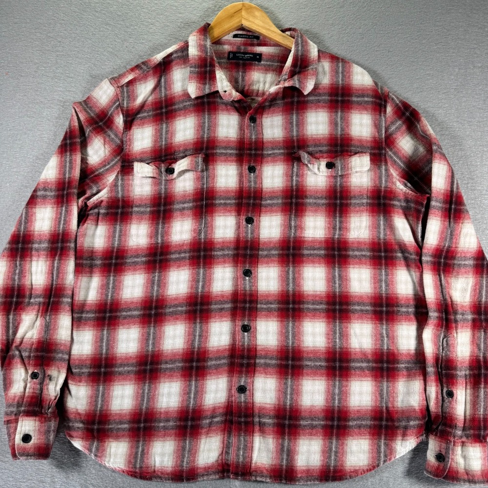 Lucky Brand Flannel Shirt Men XL Red Classic Fit Plaid Double Flap Pocket Preppy